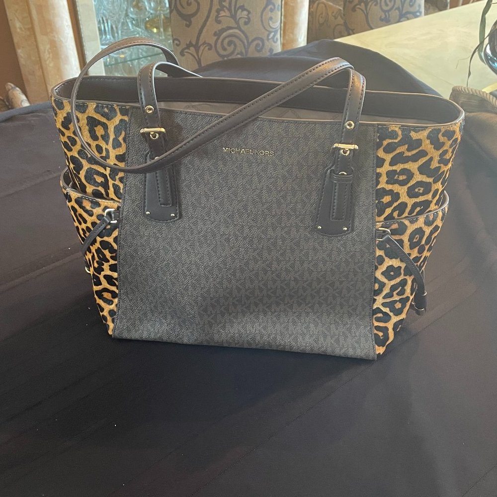 Michael Kors Signature Logo Accordion Tote Bag with Leopard Trim
